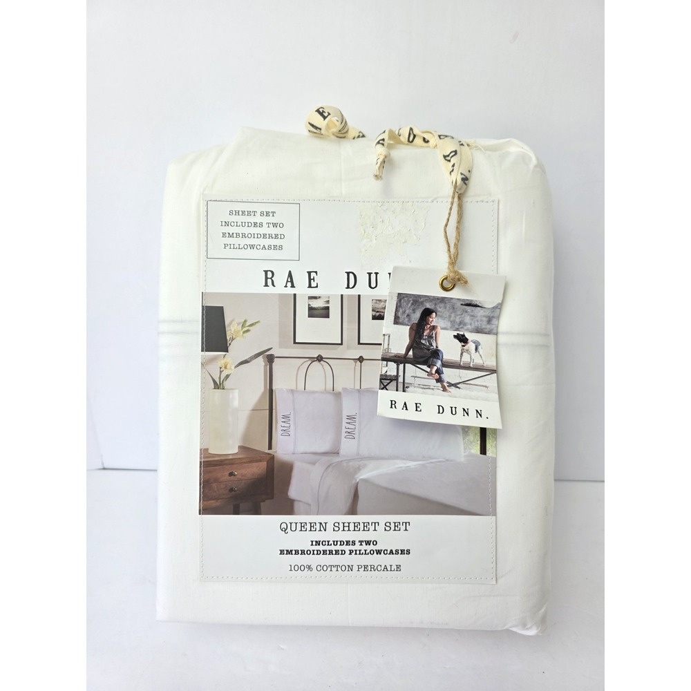 Rae Dunn Queen Sheet Set Embroidered Dream White NWT cotton percale